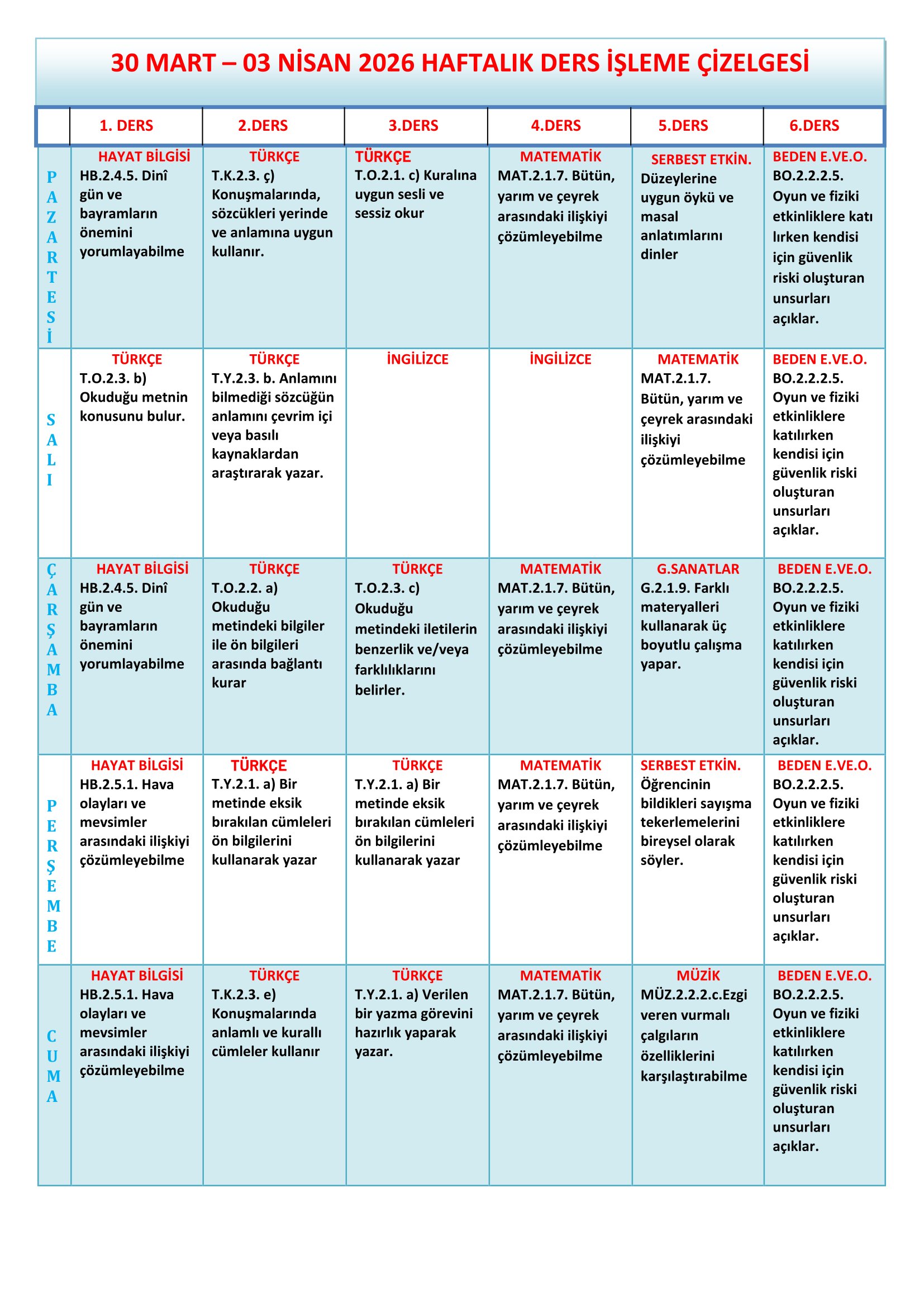 2.Sınıf 30 Mart - 03 Nisan 2026 Haftalık Ders İşleme Çizelgesi.doc