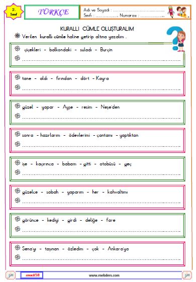 2. Sınıf Türkçe Kurallı Cümle Oluşturma Etkinliği