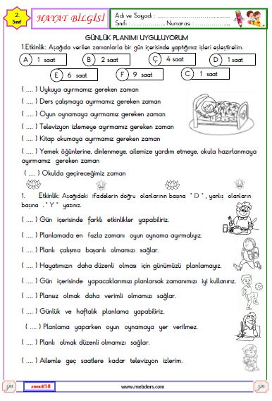 2. Sınıf Hayat Bilgisi Günlük Planımı Uyguluyorum Etkinliği