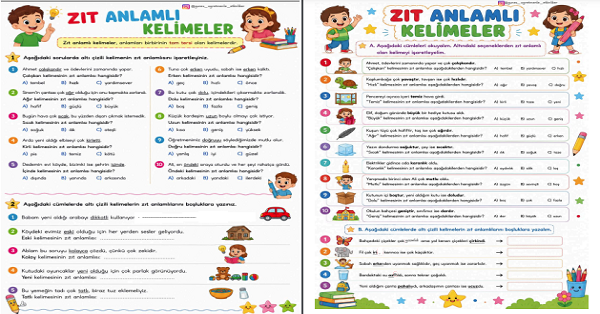 1. Sınıf Türkçe Zıt Anlamlı Kelimeler Çalışması