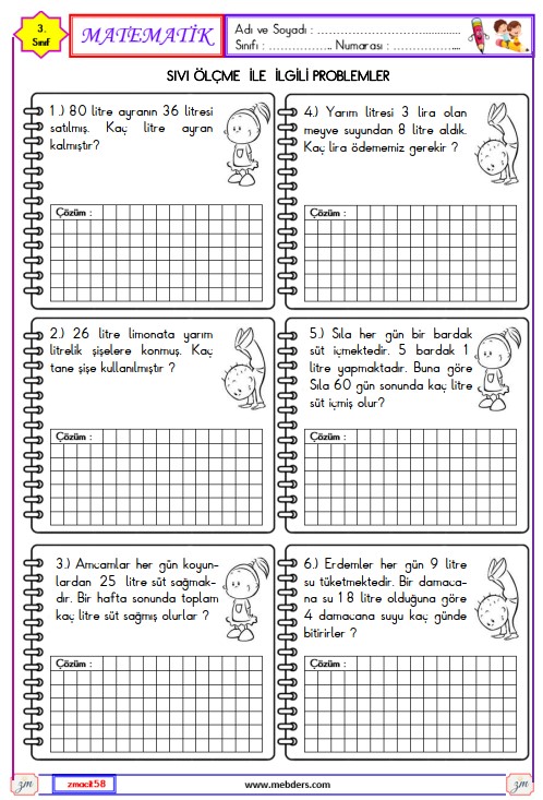3. Sınıf Matematik Sıvı Ölçme ile İlgili Promlemler Etkinliği 1