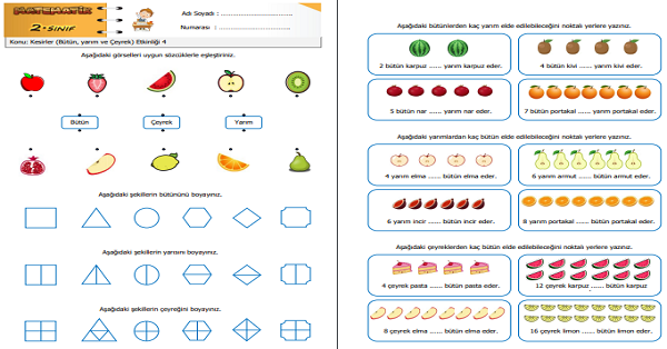 2.Sınıf Matematik Kesirler (Bütün, Yarım ve Çeyrek) Etkinliği 4