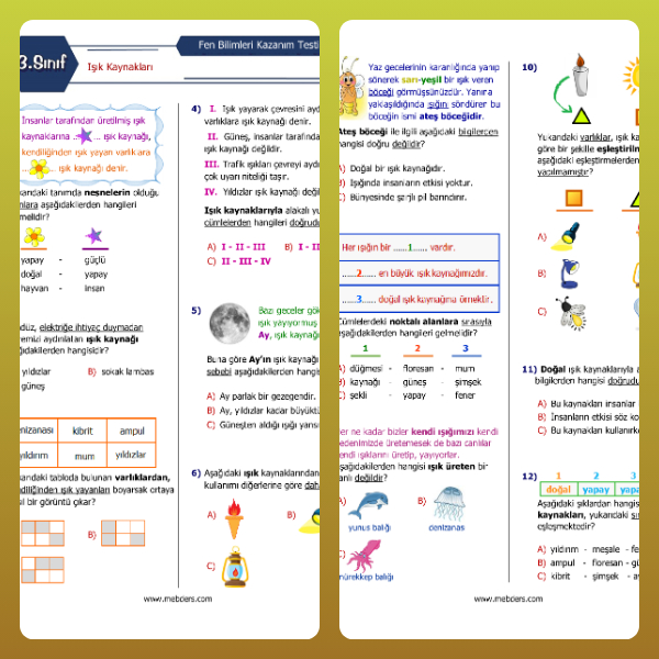 3. Sınıf Fen Bilimleri Işık Kaynakları Kazanım Testi