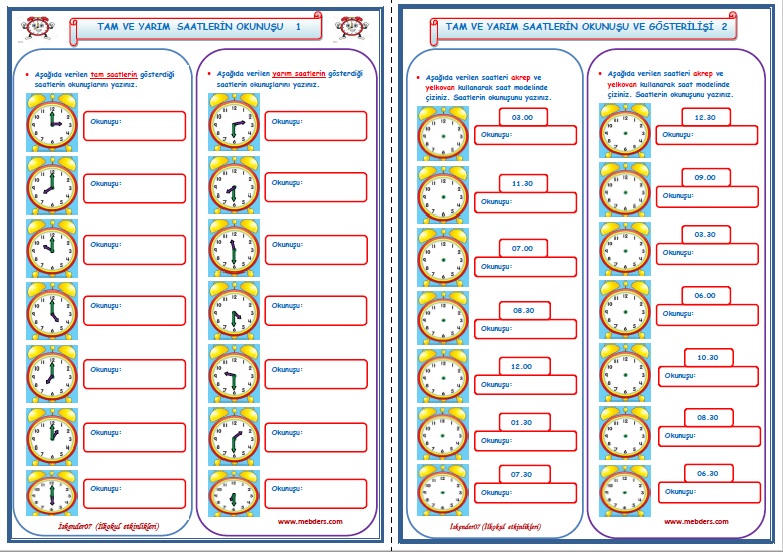 1.Sınıf Matematik Saatlerin Okunuşu ve Gösterilişi  1-2    (2 Sayfa)