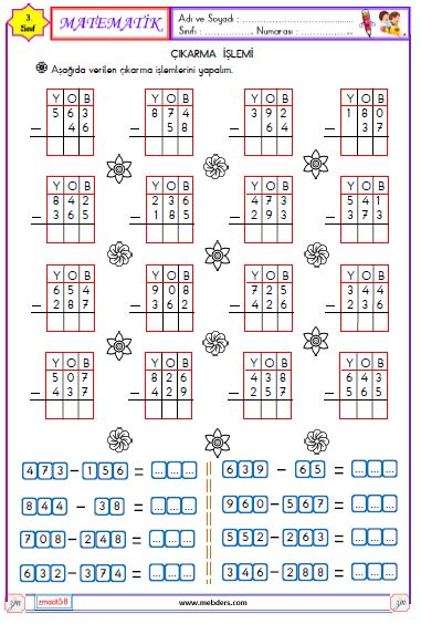 3. Sınıf Matematik Çıkarma  İşlemi Etkinliği 3