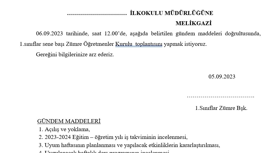 2023-2024 Eğitim Öğretim Yılı 1. Sınıf Zümre Öğretmenler Sene Başı Toplantı Tutanağı