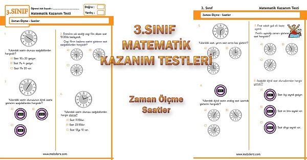 3.Sınıf Matematik Kazanım Testi - Zaman Ölçme, Saatler