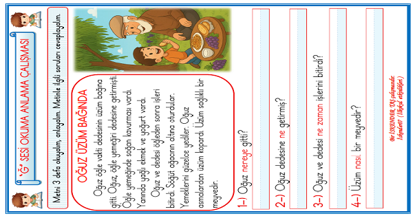 1. Sınıf İlk Okuma Yazma Ğ-ğ Sesi Okuma Anlama Çalışması