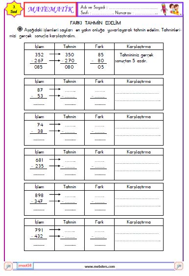 3. Sınıf Matematik Farkı Tahmin Edelim Etkinliği 3