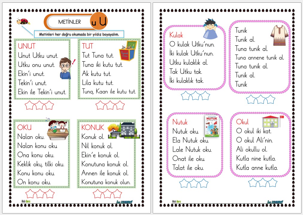 1. Sınıf İlk Okuma Yazma U Sesi METİNLER