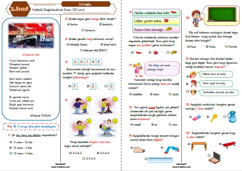 2.Sınıf Haftalık Değerlendirme Testi - 33.Hafta (16-20 Mayıs)