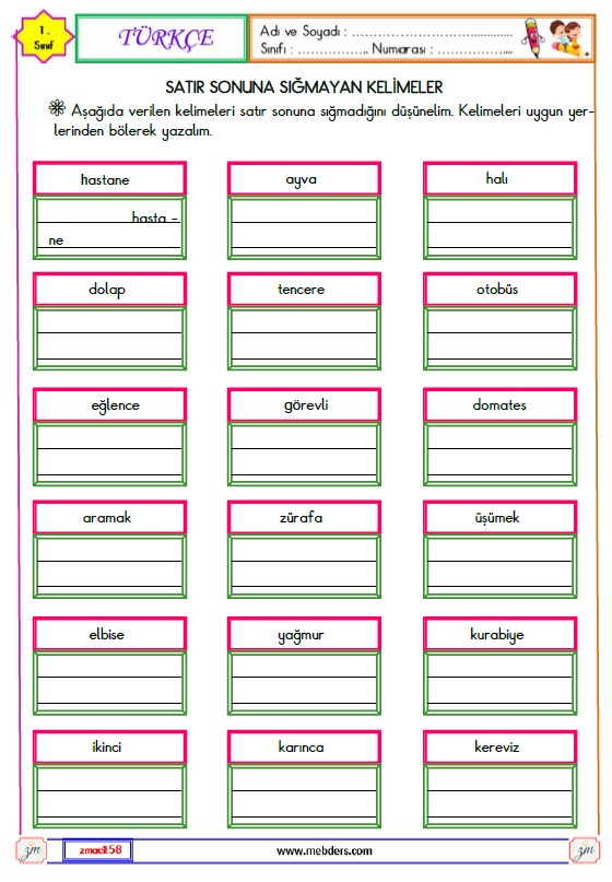 1. Sınıf Türkçe  Satır Sonuna Sığmayan Keleimeler Etkinliği