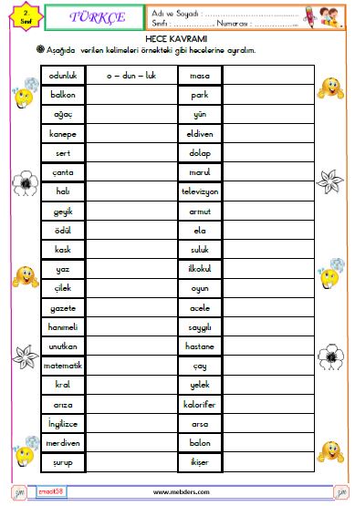 2. Sınıf Türkçe Hece Kavramı Etkinliği