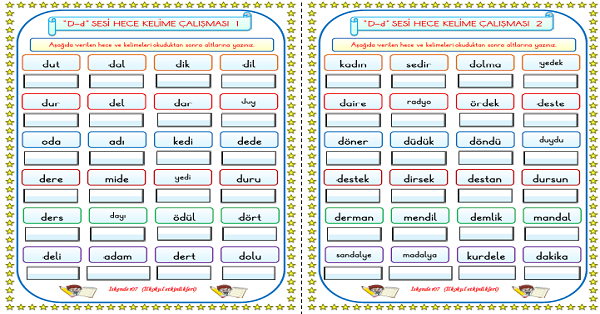 1. Sınıf İlk Okuma Yazma D-d Sesi Hece Kelime Okuma Yazma Çalışmaları