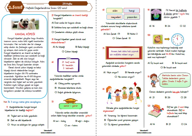 2.Sınıf Haftalık Değerlendirme Testi - 29.Hafta (18-22 Nisan)