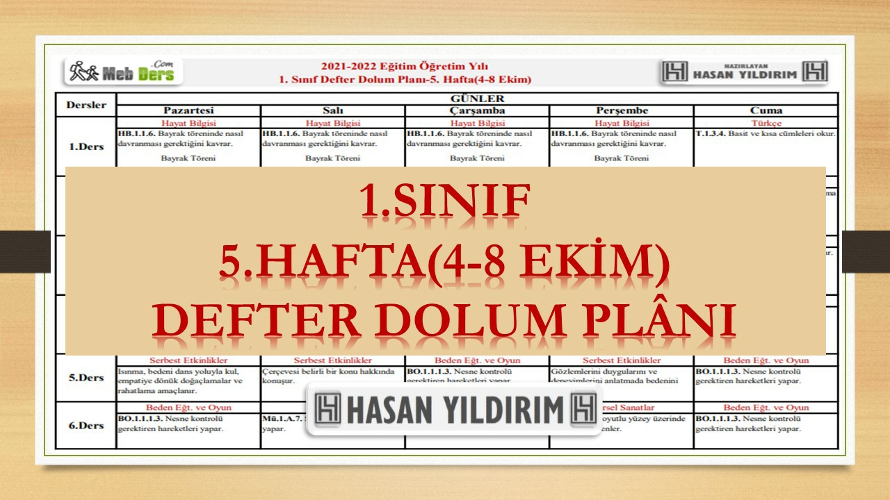 1.Sınıf 5.Hafta(4-8 Ekim) Defter Dolum Planı