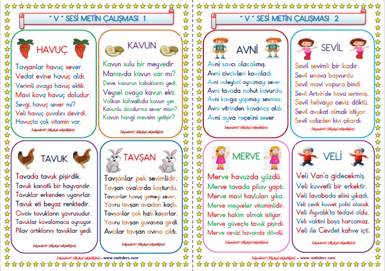 1.Sınıf V-v Sesi Metin Çalışması   (4 Sayfa - 8 Farklı Metin)