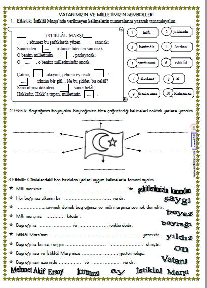 2. Sınıf Hayat Bilgisi Bayrağımız ve İstiklal Marşımız Etkinliği