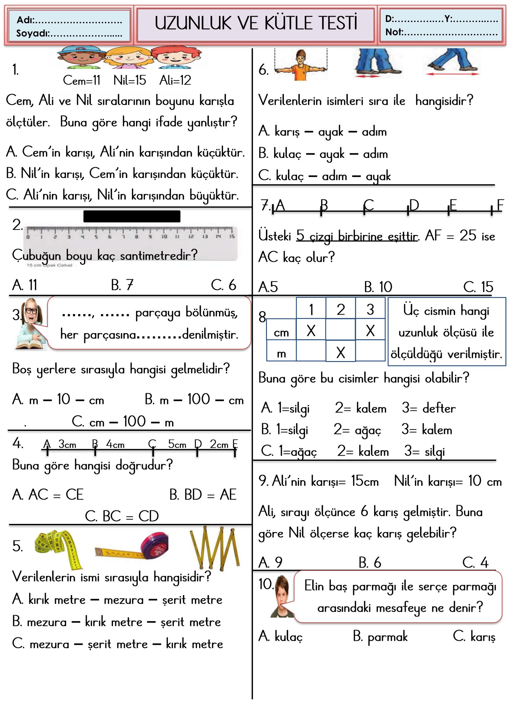 2.Sınıf Matematik Uzunluk ve Kütle Ölçüleri Testi
