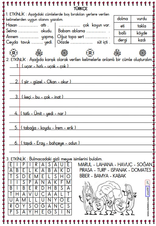 1. Sınıf Türkçe Boşluk Doldurma ve Cümle Oluşturma Ettkinliği 7