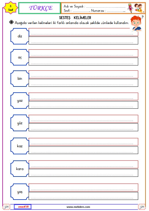 3. Sınıf Türkçe Sesteş Kelimeler Etkinliği