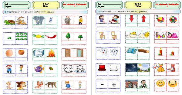 2.Sınıf Türkçe Zıt Anlamlı Kelimeler Defter Etkinliği -1