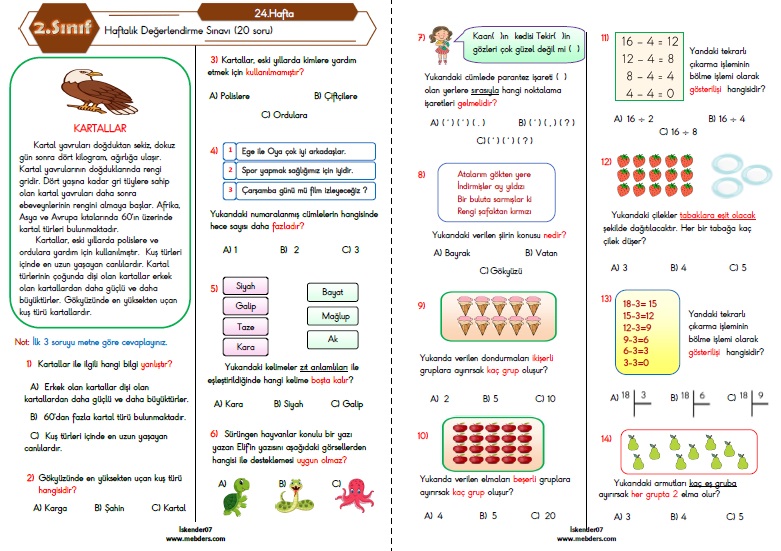 2.Sınıf Haftalık Değerlendirme Testi - 24.Hafta (13-17 Mart)