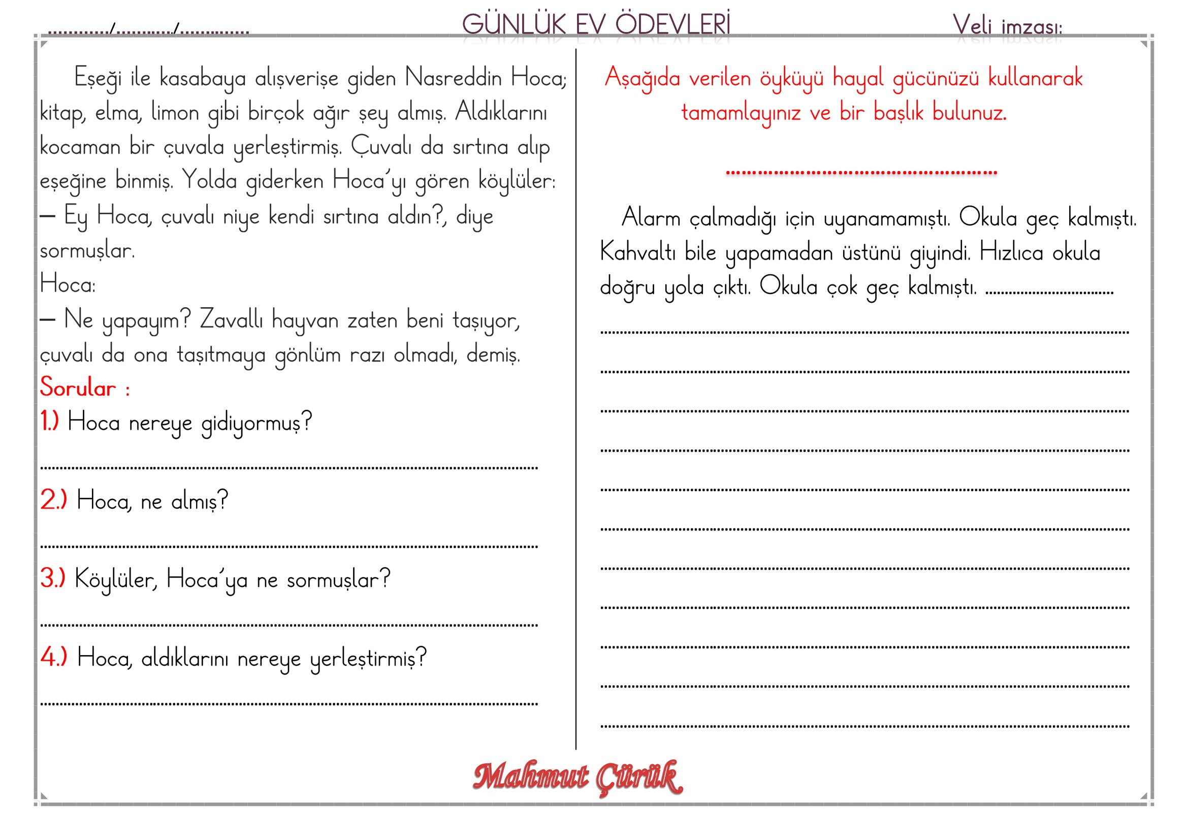 1.Sınıf - 05 Haziran 2026 Günlük Ev Ödevleri