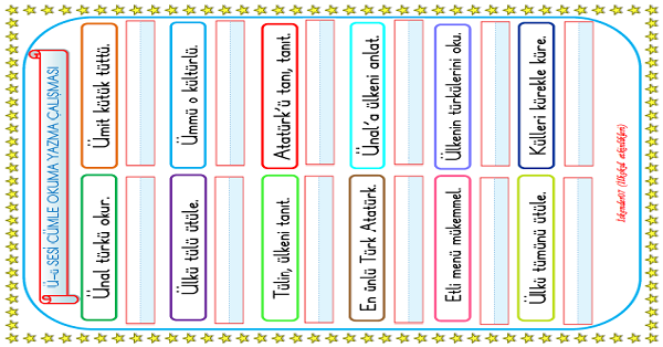 1. Sınıf İlk Okuma Yazma Ü Sesi Cümle Yazma Çalışması