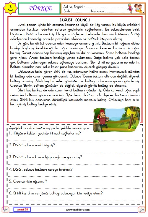 3. Sınıf Türkçe Okuma ve Anlama Metni Etkinliği (Dürüst Oduncu)