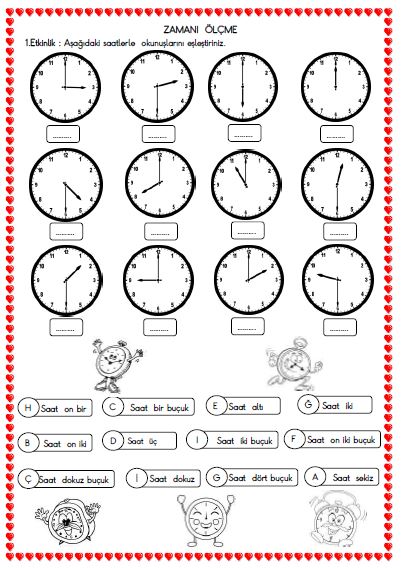 1. Sınıf Matematik Zamanı Ölçme ve Saat Etkinliği 7