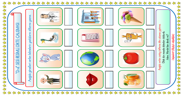 1. Sınıf İlk Okuma Yazma D-d Sesi Resimli Dikte Çalışması
