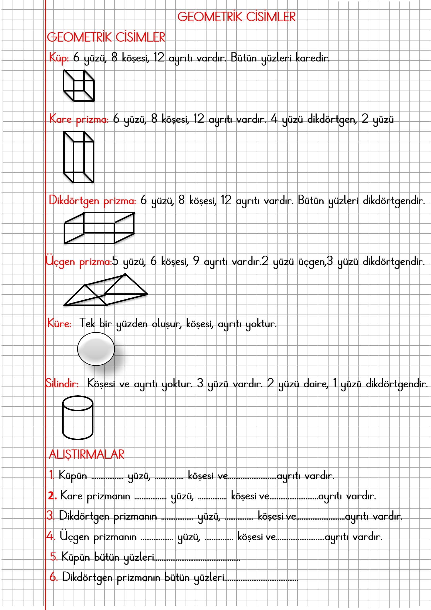 2.Sınıf Matematik Kareli Defterde Geometrik Cisimler Konu Özeti
