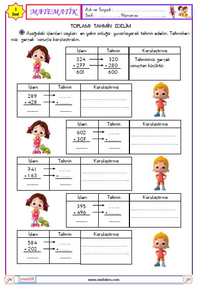 3. Sınıf Matematik Toplamı Tahmin Edelim Etkinliği 2