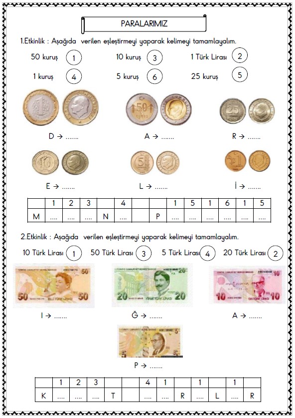 1. Sınıf Matematik Paralarımız Etkinliği