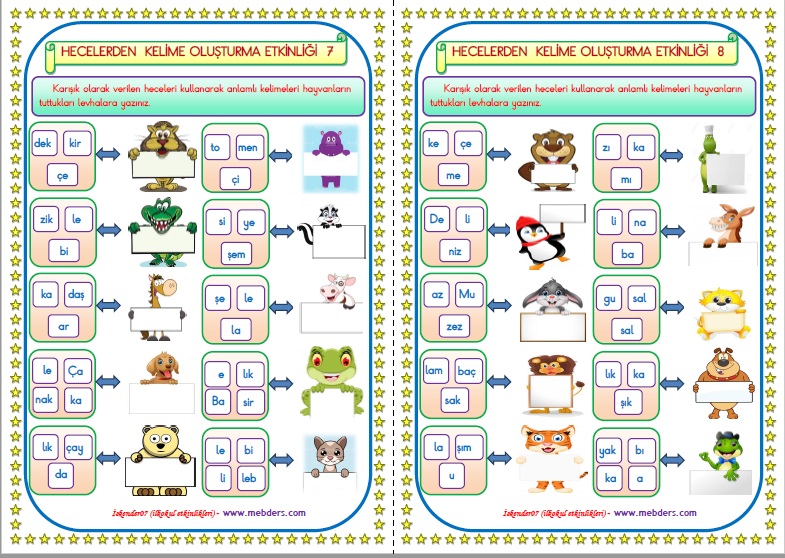 1.Sınıf İlkokuma Yazma Hecelerden Kelime Oluşturma  Etkinliği 7-8    (2 sayfa)