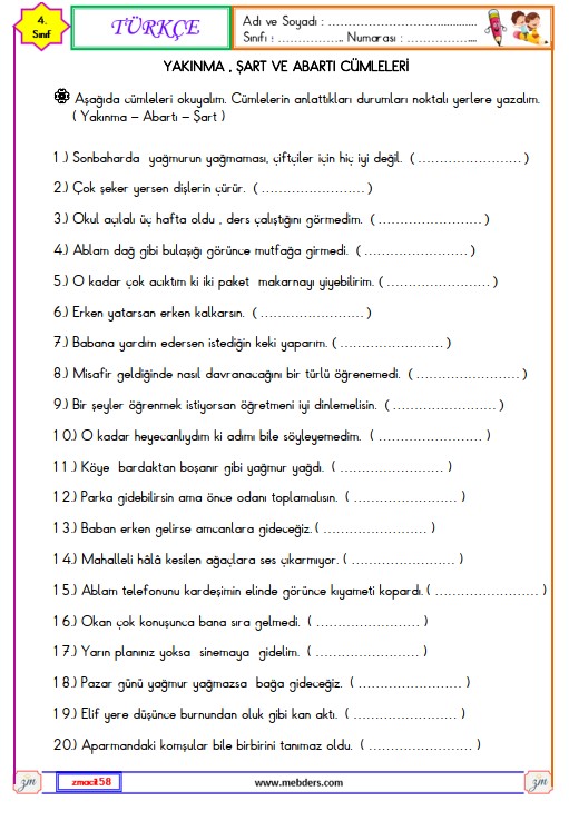 4. Sınıf Türkçe Yakınma, Şart ve Abartı Cümleleri Etkinliği