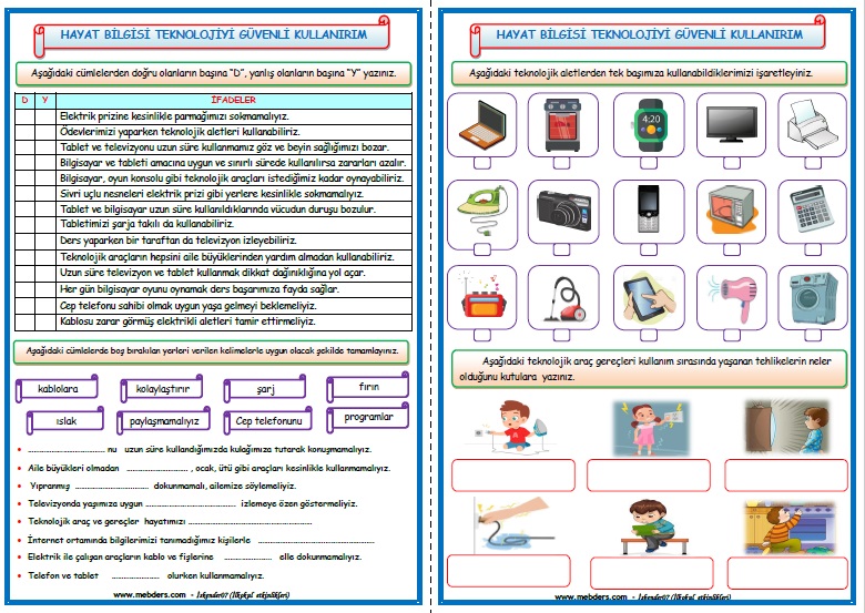 2.Sınıf Hayat Bilgisi Teknolojiyi Güvenli Kullanırım Etkinlik Çalışması