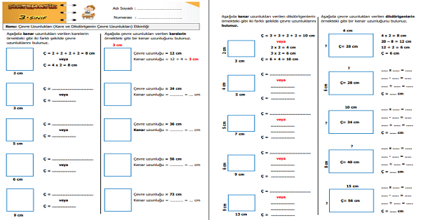 3.Sınıf Matematik Çevre Uzunlukları (Kare ve Dikdörtgenin Çevre Uzunlukları) Etkinliği