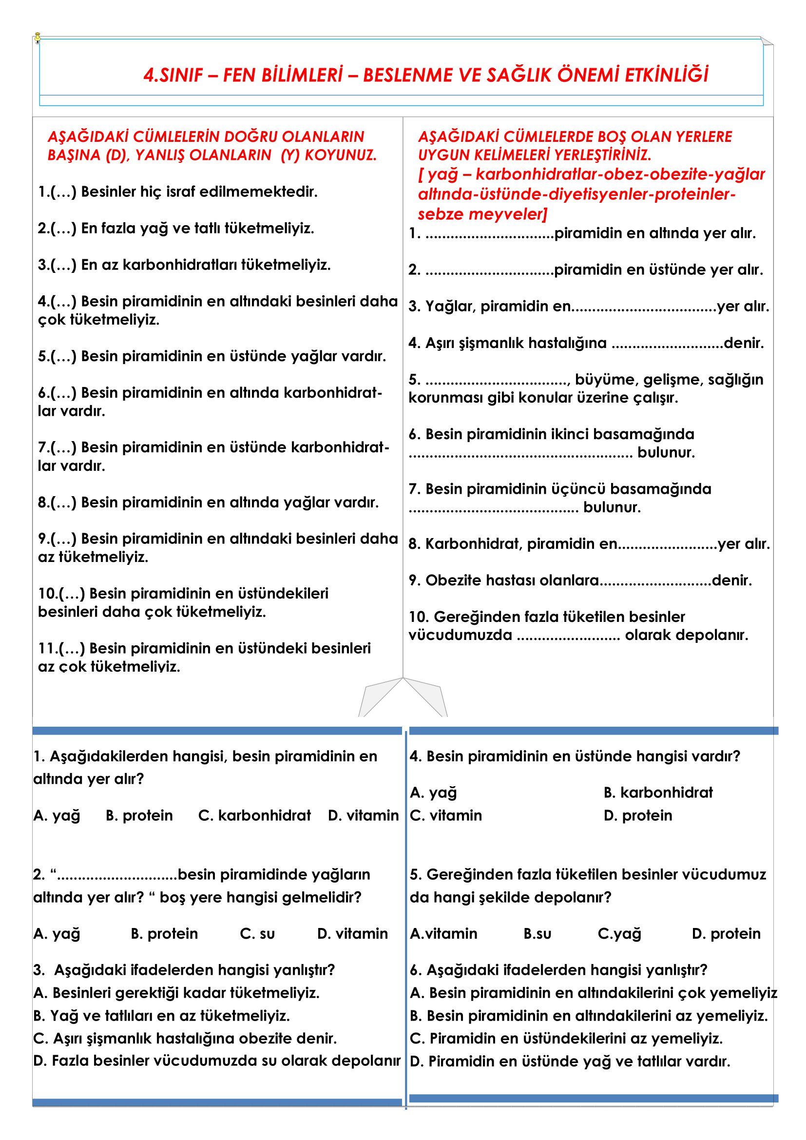 4.Sınıf Fen Bilimleri Beslenme ve Sağlık Etkinliği
