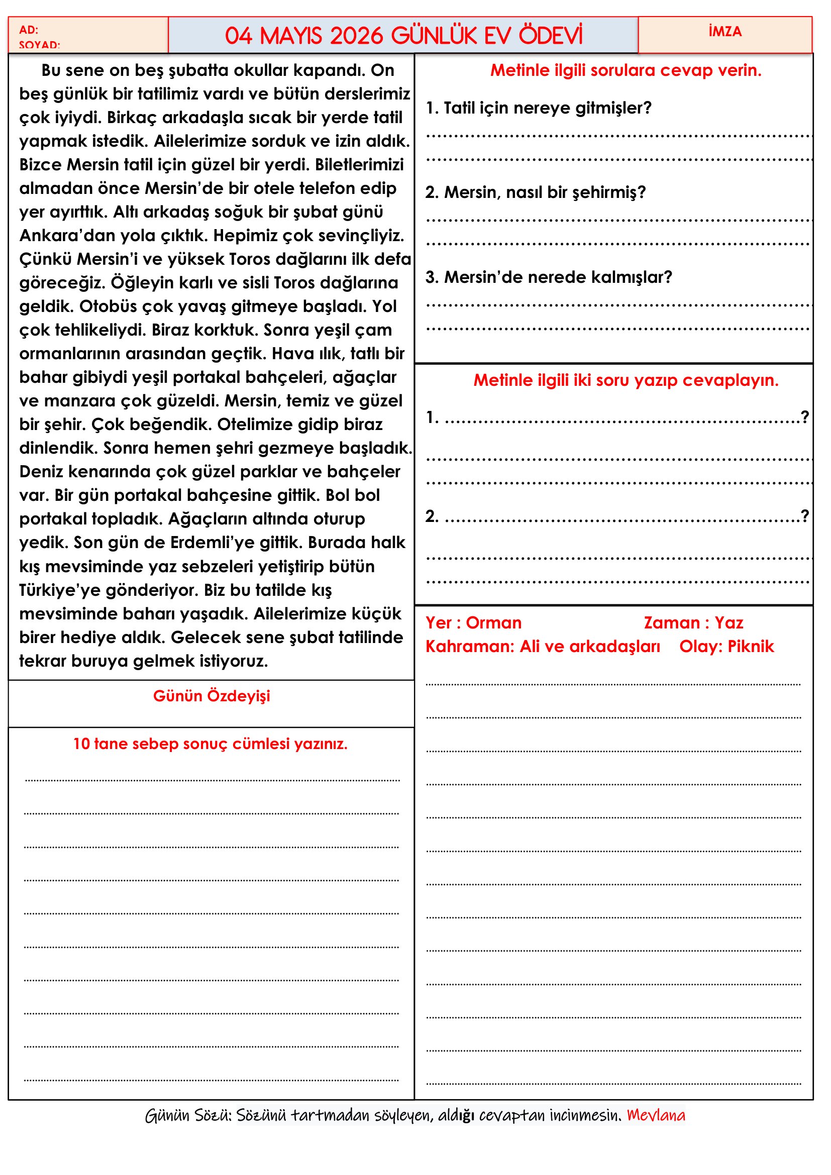 4.Sınıf - 04 Mayıs 2026 Günlük Ev Ödevleri