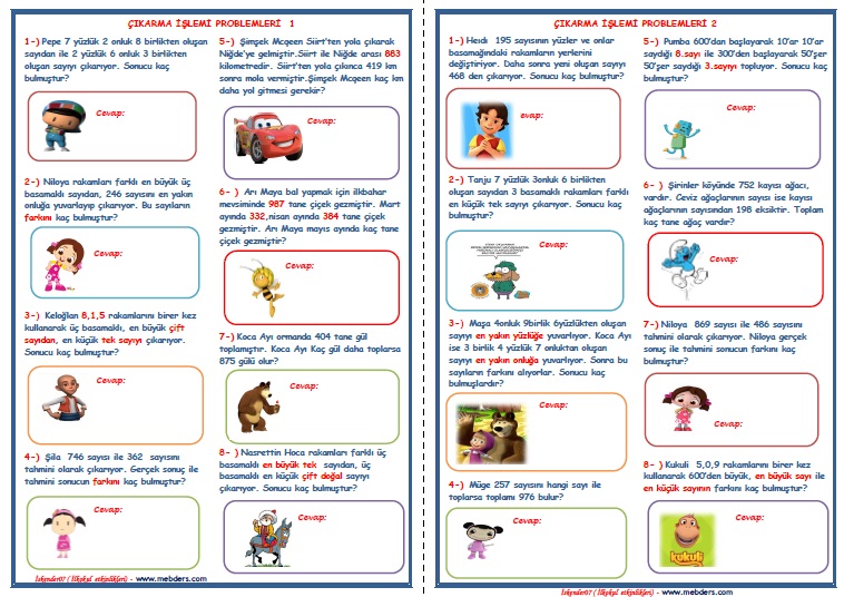 3.Sınıf Matematik Çıkarma İşlemi Problemleri  ( 2 sayfa)