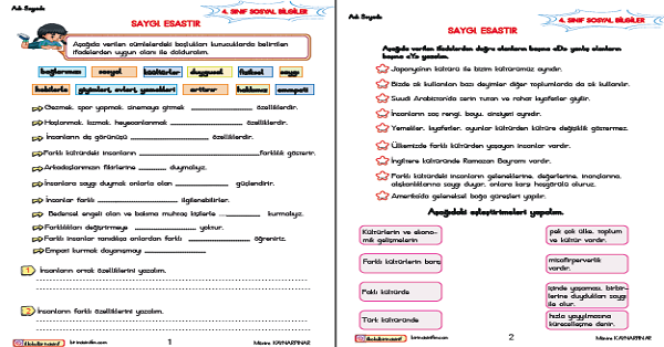 4. Sınıf Sosyal Bilgiler Saygı Esastır Etkinliği 5