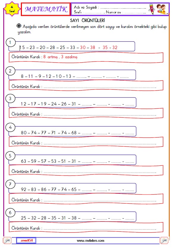 4. Sınıf Matematik Sayı Örüntüleri Etkinliği 2