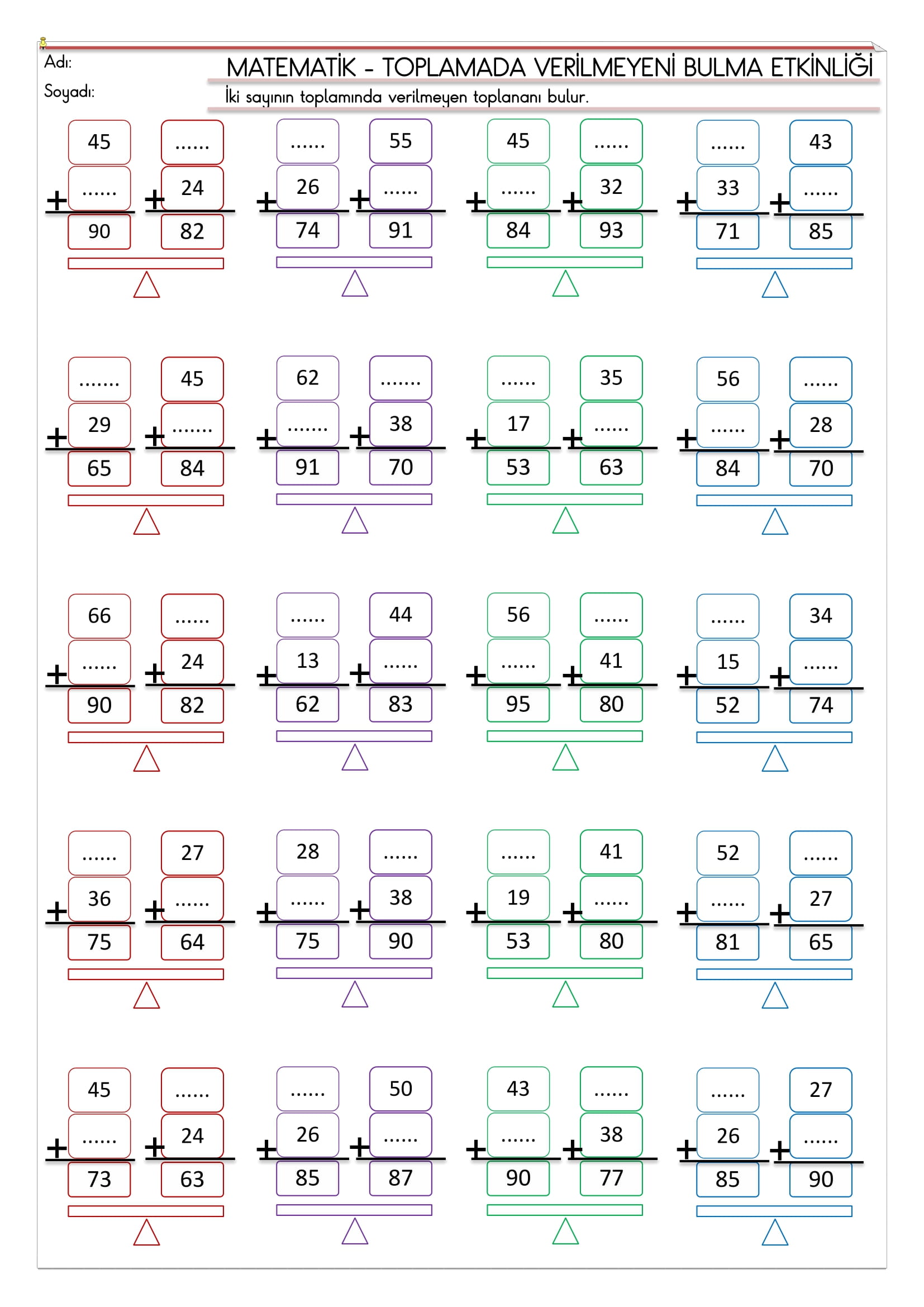2.Sınıf - Matematik - Toplamada Verilmeyeni Bulma Etkinliği-2
