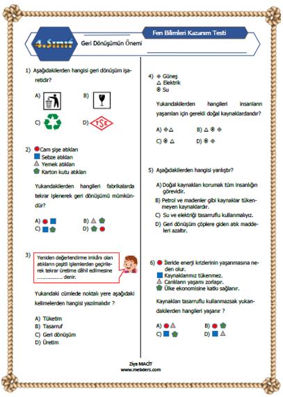 4.Sını Fen Bilimleri Geri dönüşümün Önemi Kazanım Testi