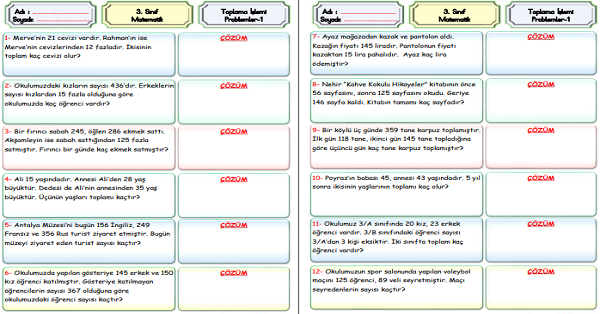 3.Sınıf Matematik Toplama İşlemi Problemleri-1