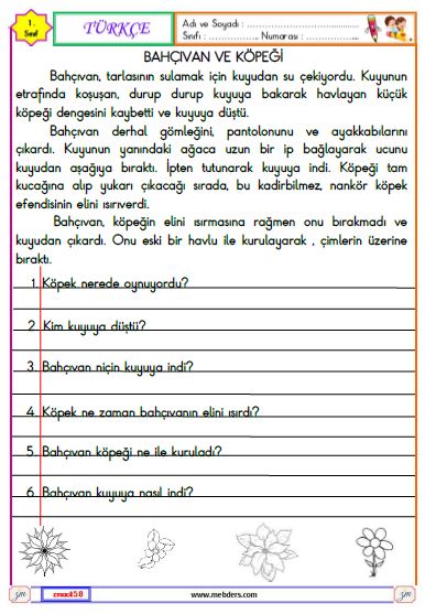 1. Sınıf Türkçe Okuma ve Anlama Etkinliği ( Bahçıvan ve Köpeği)