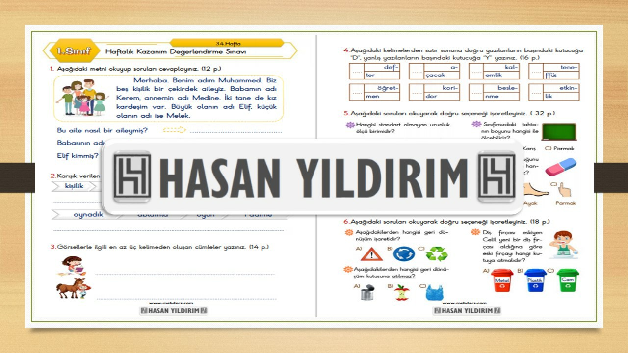 1.Sınıf Haftalık Değerlendirme Sınavı-34.Hafta(7-11 Haziran)