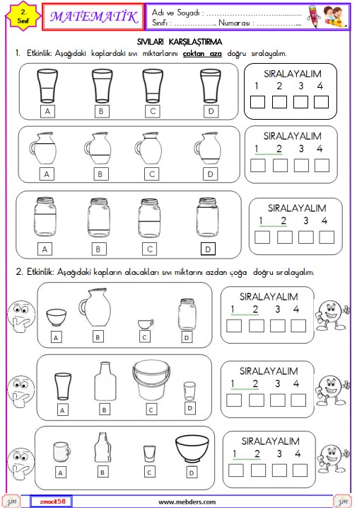 2. Sınıf Matematik Sıvıları Ölçme Etkinliği 3